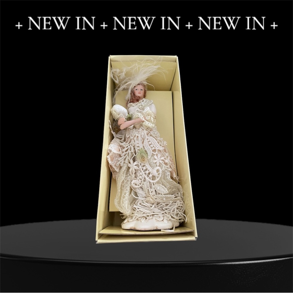 Victorian Tassel Doll With Stand. NIB NWT Lace Dress Porcelain Face